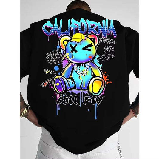 Summer 2026 New California Bear and Lightning Bolt Men's T-shirt Fashion Hot Selling Men's and Women's Round-neck Print T-shirt