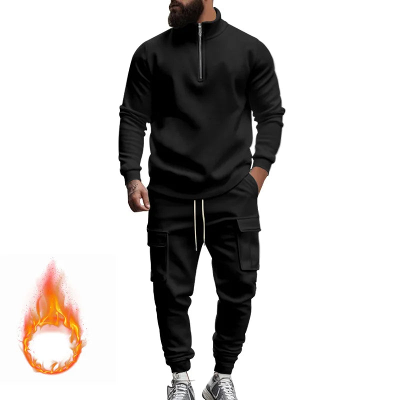 2024 autumn and winter men's casual velvet warm zipper sports trousers set