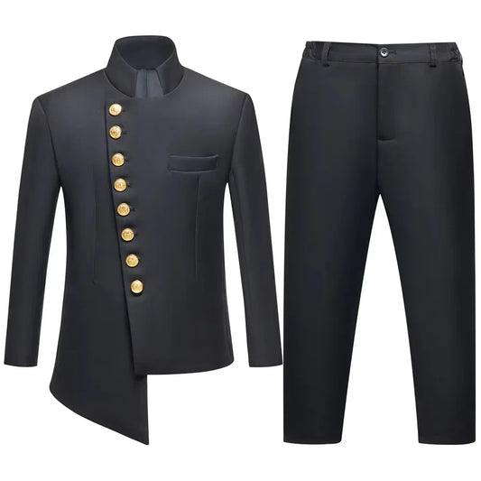 Black 2PCS Boys Formal Suit Set Brand Selection For Kids Aged 3-14 Yrs Elegant Stand Collar Design With Gold Buttons Perfect