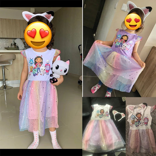 2PCS Baby Girl Princess Dresses + Headband Cartoon Gabby Cats for Kids Clothes Cosplay Costume Children Fly Sleeve Casual Dress