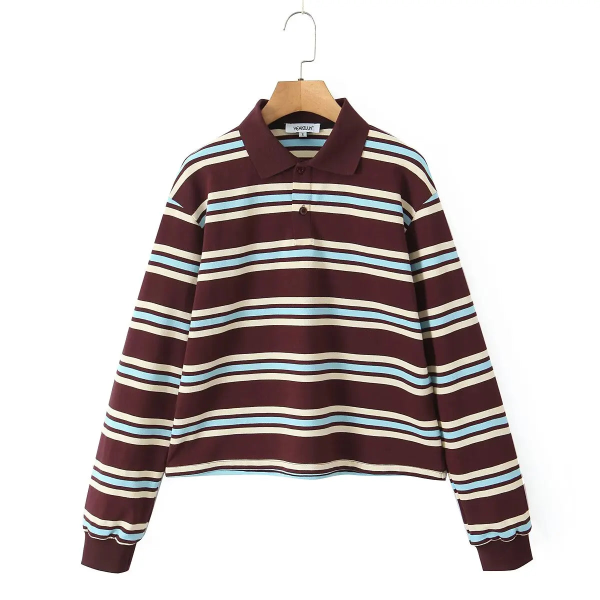 2025 Summer Ladies Polo Shirts Woman Long Sleeve Crop Top Striped Vintage Clothes Polo Shirts Mujer Streetwear Casual Tops Brown