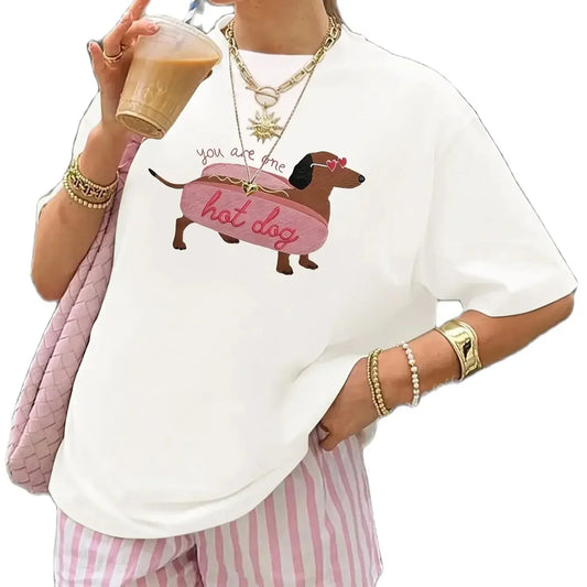Cartoon Funny Dachshund Print Women's T-shirt Casual Round Neck Fashionable White T-shirt Suitable for Women in Summer