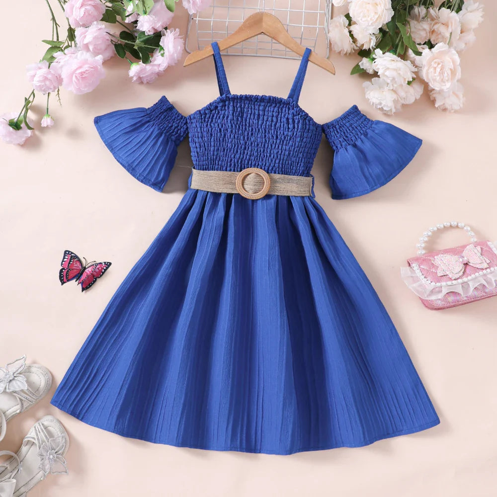 Girls' Summer Fashion Off Shoulder Belt Solid Color Dress