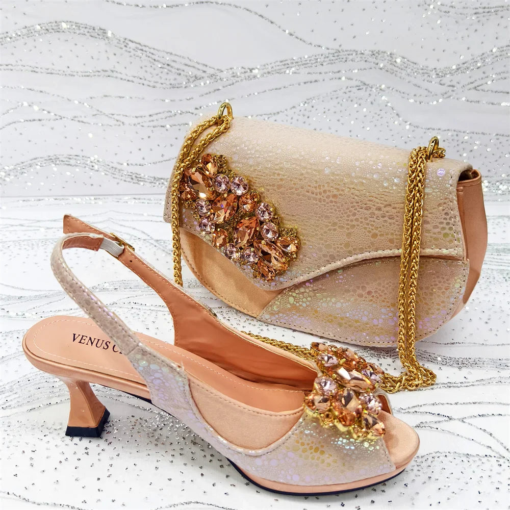Style Gold Color Elegant Women High Heels Nigeria Popular Designer African Ladies Shoes And Bag Set