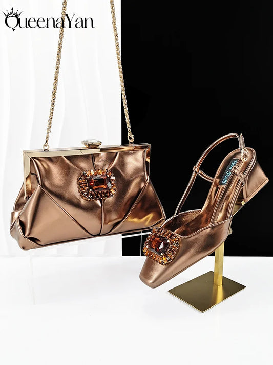 Nigerian Banquet Shoes and Bag Set Fashion Ladies Matching Shoes and Bag High Heels Wedding Party Coffee Color
