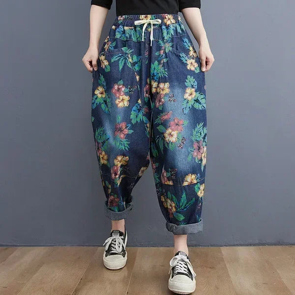 Women Ankle-length Jeans Fashion Harajuku Vintage Print Casual Trouser