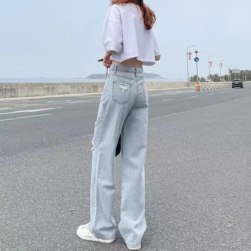 Calça Jeans Feminina Cintura Alta Primavera Verão Fina Reta Solta 2022 Nova Moda Casual Fina Perna Larga