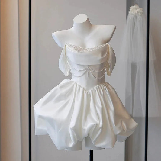 Mini Short Wedding Party Dresses Wedding Photoshoot Strapless Beaded Taffeta Bolero Bride Gowns Corset Back Customized