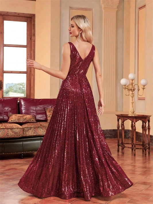 Luxury Red V-Neck Sleeveless Formal Evening Dresses Women Sequins Wedding Party Prom Maxi Cocktail Gowns Vestidos
