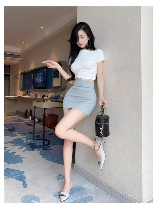 High Waist Stretch Skirts for Women Y2k Clothes Korean Fashion Solid Color Summer Streetwear Sexy Aesthetic Womens Mini Skirt