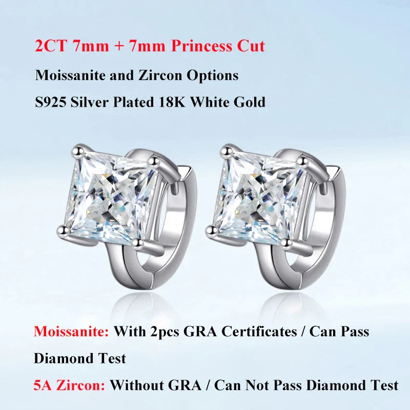Princess Cut 1CT 2CT D Color Small Moissanite Hoop Earrings For Women s925 Silver Plated 18k Hook Earring Ear Buckle Gift