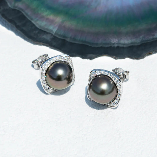 9-10mm Natural Tahitian Pearl Stud Earrings With Cer S925 Sterling Silver High Luster Seawater Pearl Earrings For Woman
