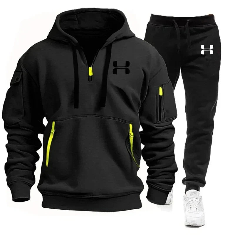 Men's autumn and winter new zipper long sleeved hooded sweatshirt, sports and casual pants, two-piece fitness jogging suit