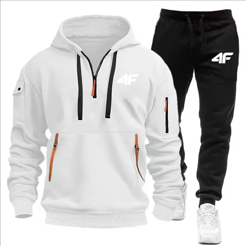 Men's tracksuit zipper hood multi-pocket and protective pants casual jogging tracksuit fall/winter 2-piece setLarge size S-3XL