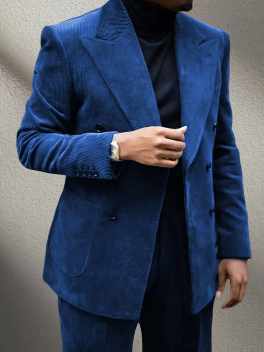 2-Pieces Retro Corduroy Double Breasted Suit Set(Blazer+Pants)High-Quality Warm Luxurious Set Wedding Part Prom Dinner Wrok
