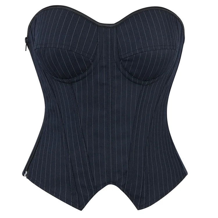 Black Striped Zipper Overbust Corset and Bustier Shapewear Top for Women Office Lady Corselet