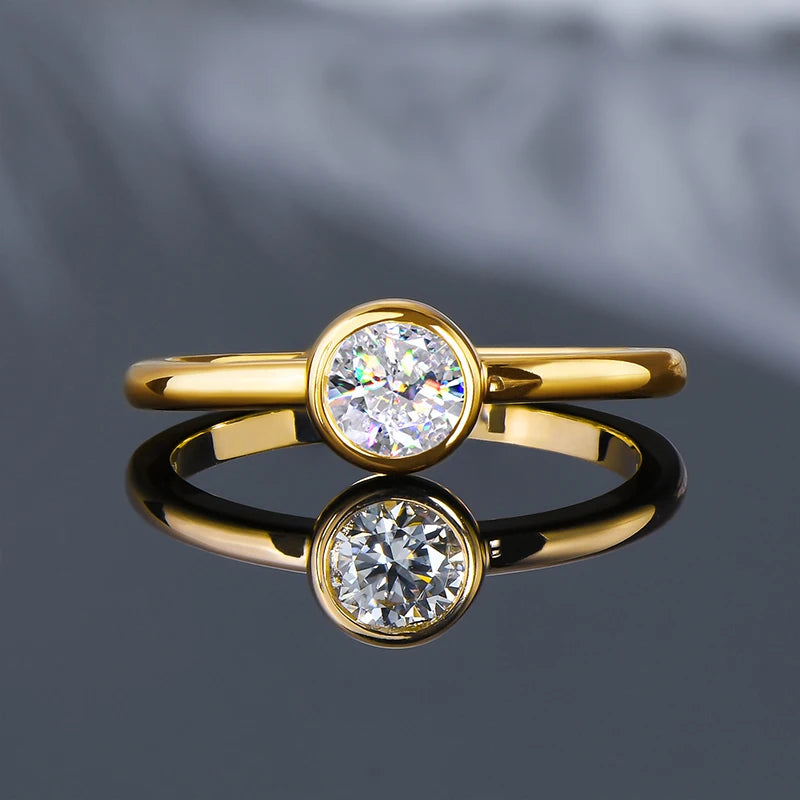 18K Gold Plated Solitaire Ring 0.5CT Bezel Moissanite Rings for Women Real Silver 925 sterling Promise Engagement Jewelry