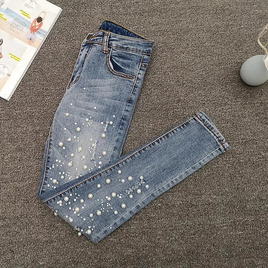 Nailed Bead Jeans Women Spring/Summer New Versatile Hole Breaking Elastic Skinny Pencil Pants Female Casual Denim Pants