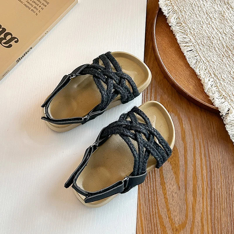 Children's Boho Braided Sandals Summer New Boys Girls Casual Shoes for Outdoor Daily Wear Open-toe Kids Platform Beach Sandals