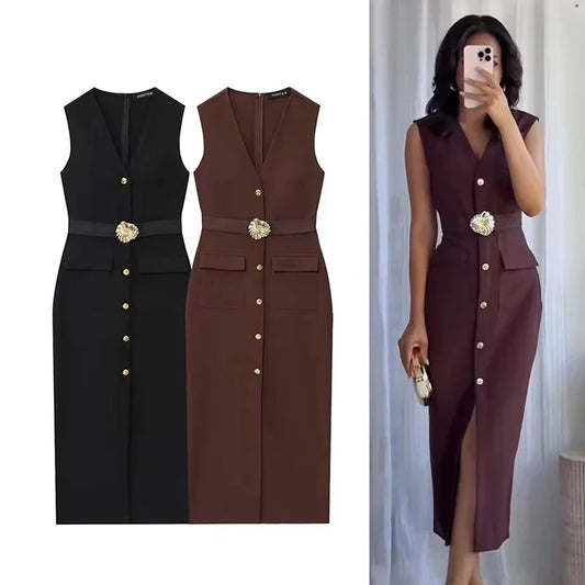 Black Elegant Party Midi Dresses 2026 Women's Summer Sleeveless Long Dresses Fashion Casual Vintage Evening Party Dress 