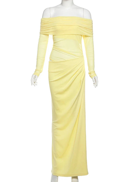 Dress Women 2025 Spring Patchwork Mesh Elegant Slash Neck Ruched Fit Chic Birthday Party Festival Vacation Vestidos