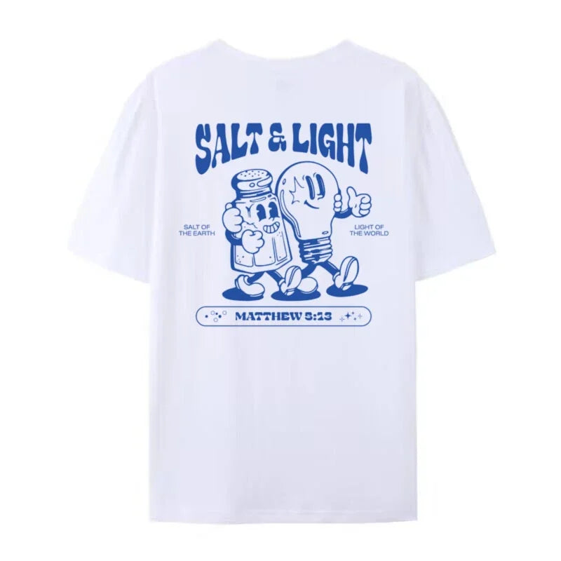 Salt Light Funny Bible Verse T-Shirts Back Print Retro Streetwear Graphic Tees Women Men Christian T Shirt Jesus Faith Top Gifts