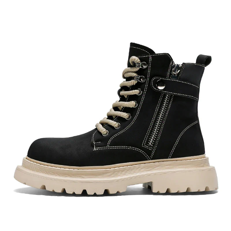 Men's Boots 2024 Autumn Thick Soled Zipper Lace-up Korean Belt Buckle Height Increasing Comfort High Top British Sports Boots