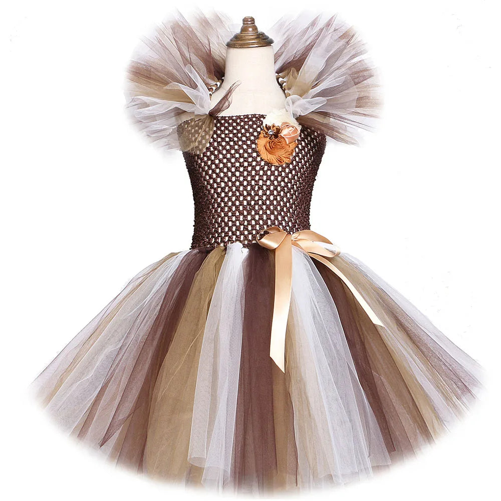 Brown Jungle Lion Costume for Baby Girls Animal Party Fancy Tutu Dress for Kids Halloween Christmas Tulles Outfit with Hairs Bow