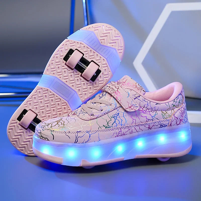 4 Wheel Dual-Use Roller Skates with Detachable Wheels ,Sneakers with LED Boys Girls Shoes with Wheels,Speed Skate Sizes 29-42
