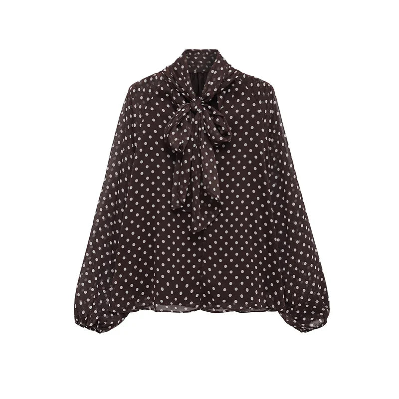 Polka Dot Printed Women Shirt 2026 Spring New Bow Tied Blouse Woman Tops Lady Ruffles Long Sleeve Loose Elegant Blouses Top 