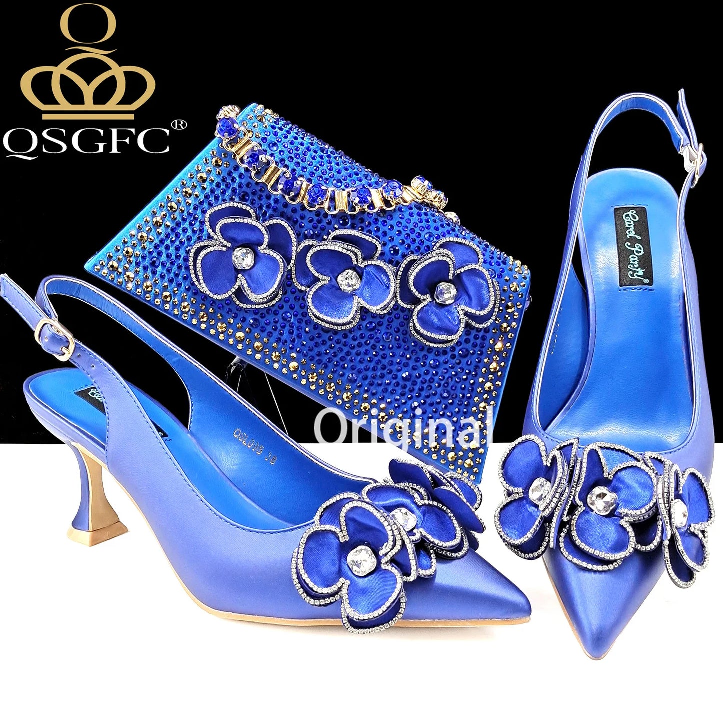 Party Shoes And Bag Ladies Heel Decoration Pure Elegant Flower Wedding Shoes And Bag Full Rhinestone Fashion Handbag
