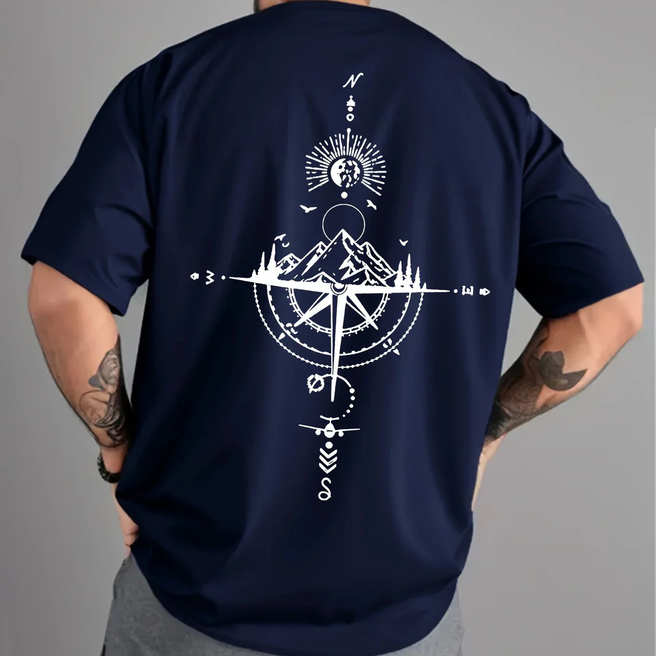 Summer men's 100% pure cotton casual sports loose oversized retro compass printed comfortable round neck short sleeved T-shirt