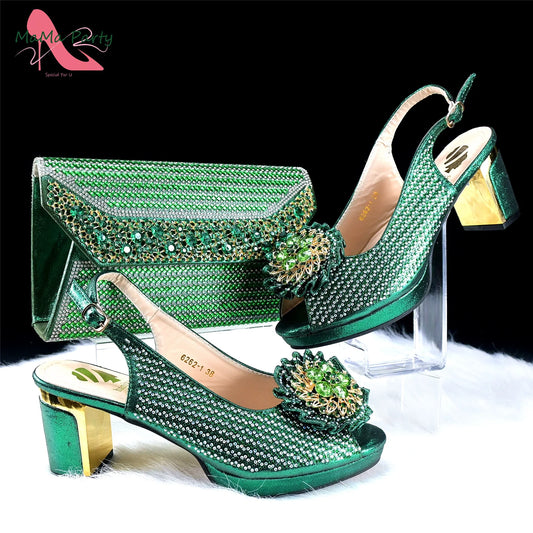 Italian Women Shoes Matching Bag Set in Green Color 7 CM Comfortable Heels with Plaform Elegant Peep Toe Sandals