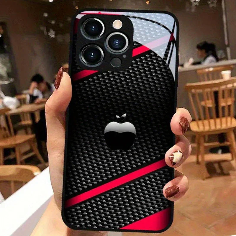 Black Carbon Fiber For Apple Pattern Glass Phone Case For iPhone 17 16 15 14 Pro Max 13 12 11 16E 17Air 7 8 Plus XR XS X Cover