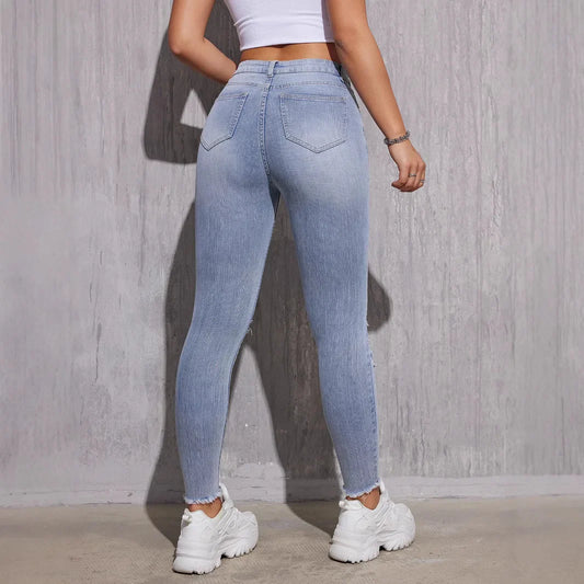 High Waist Skinny Jeans Women - Stretch Ripped Light Blue Denim Pants