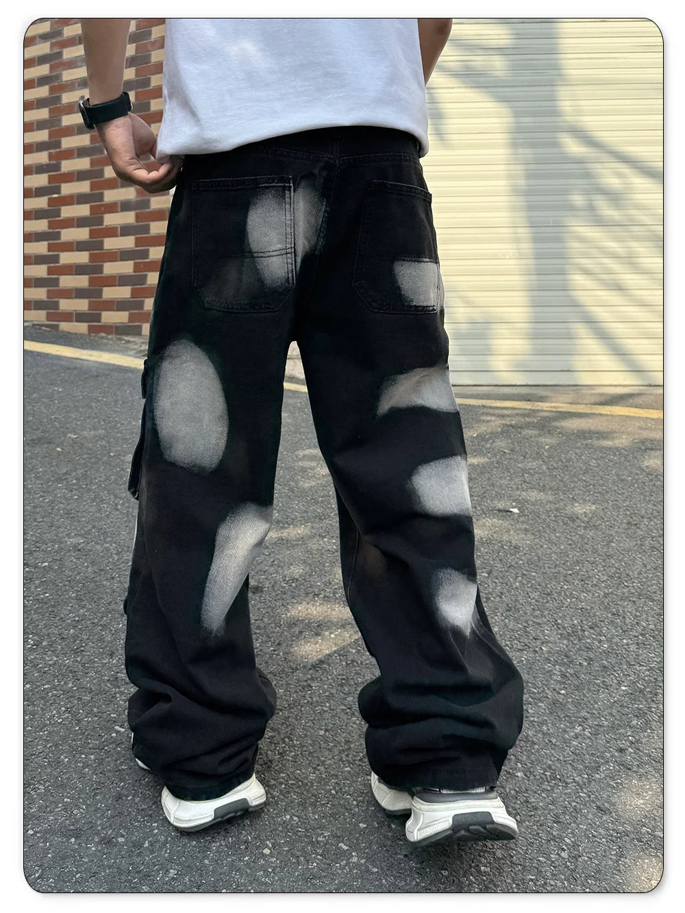 2026 Spring Summer Men's Black Straight Leg Workwear Jeans With Multiple Pockets High Street Style Splashed Ink Male Denim Pants
