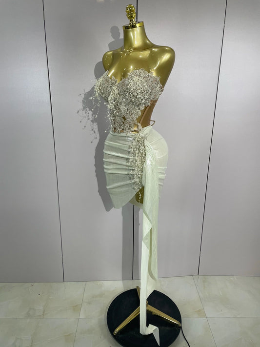 Luxury Shining Pearls Sexy Asymmetrical Skirt 2 PCS Set 2025 Women Evening Birthday Party Stage Dancer Performance Costume