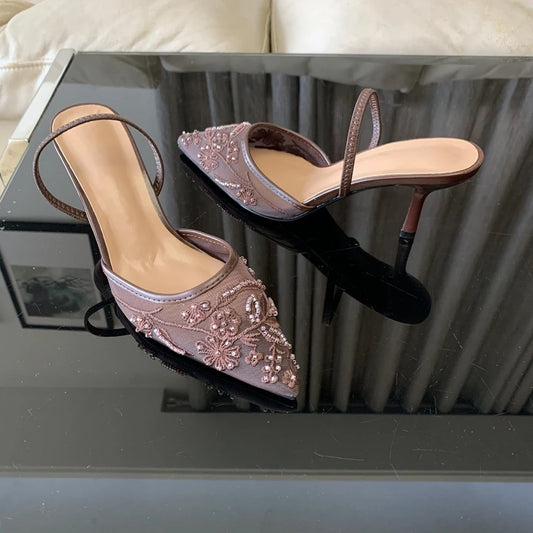 Summer Pointed Toe Mesh Embroider High Heels for ladies Elegant String Bead pumps Sexy Luxury Designer Shoe Brown Heeled Sandals
