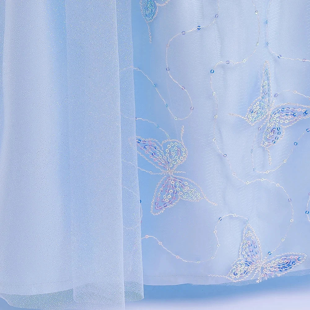 Fashion Embroidery Butterfly Princess Dress Girls Cinderella Cosplay Costumes Blue Gown for Carnival Birthday Evening Dress