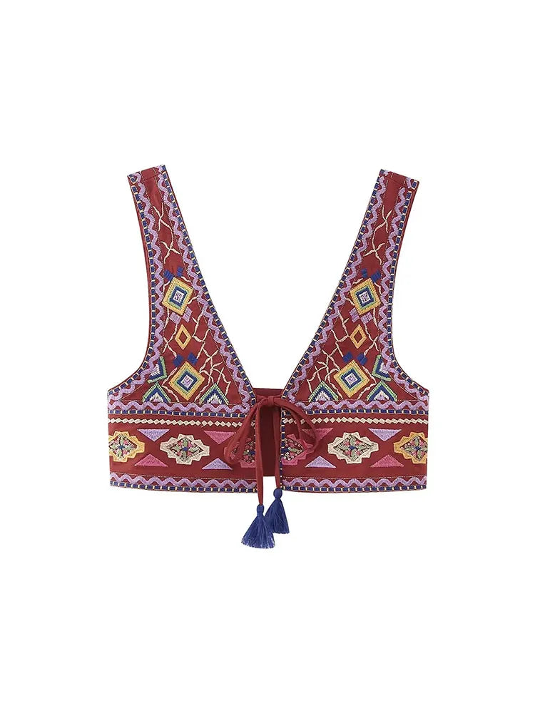 Y2K Embroidery Women Waistcoats Summer Lightweight V Neck Sleeveless Tassels Hem Slim Vest Female Crop Top