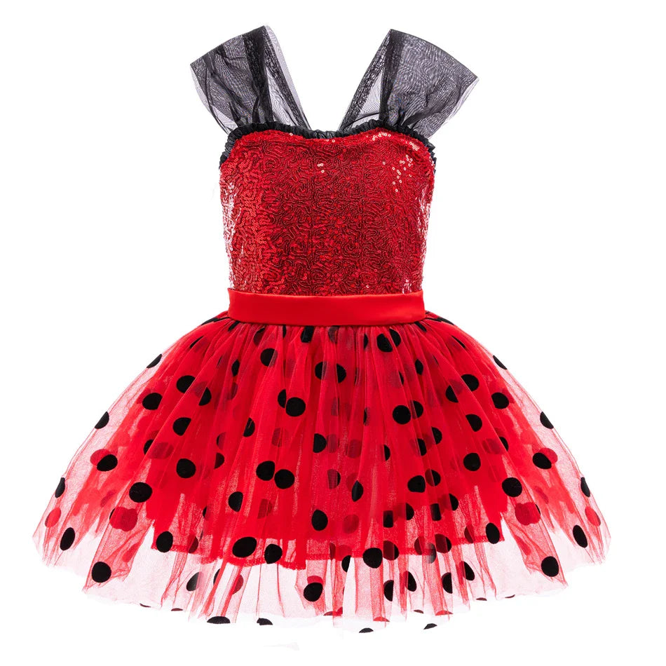 Girl Polka Dot Princess Dress Ladybug Dress Up Fur Ball Headband Black and Red Dress Halloween Cosplay costume Carnival Clothes