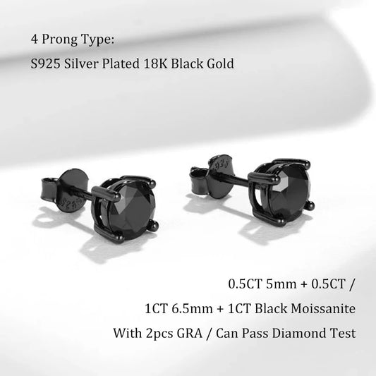 4 Claw GRA Certified 0.5/1CT Black Moissanite Earrings for Women Man Unisex 925 Silver Plated 18K Black Gold Party Ear Stud