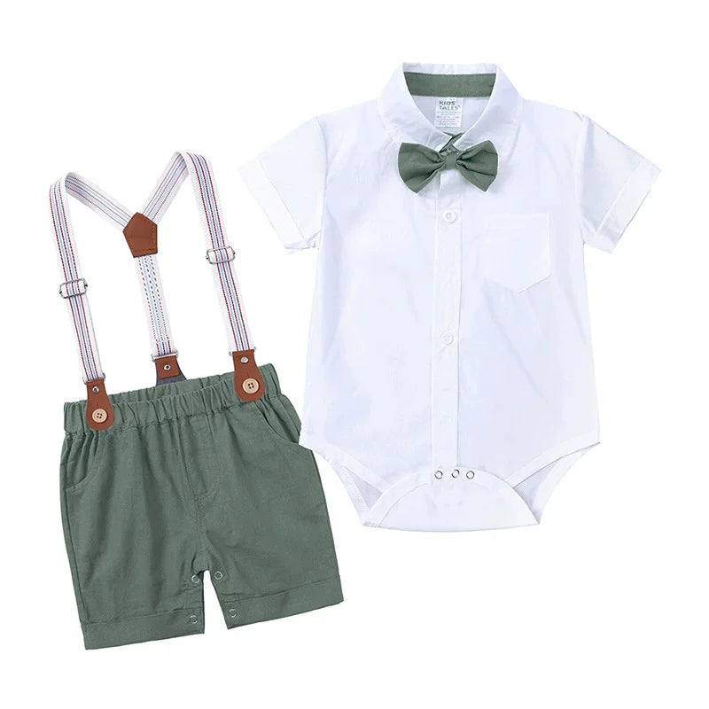 Baby Boy Formal Birthday Outfit Suit Toddler Gentleman Clothes Infant Short Sleeve Bowtie Shirt+Suspender Pants Casual Sets