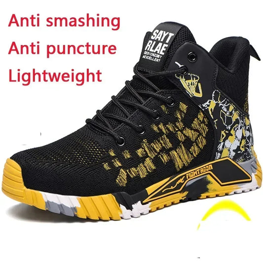 Men's All Seasons Safety Shoes Breathable Flying Woven Steel Toe Cap Impact Resistant Puncture Proof mid Cut Sneakers