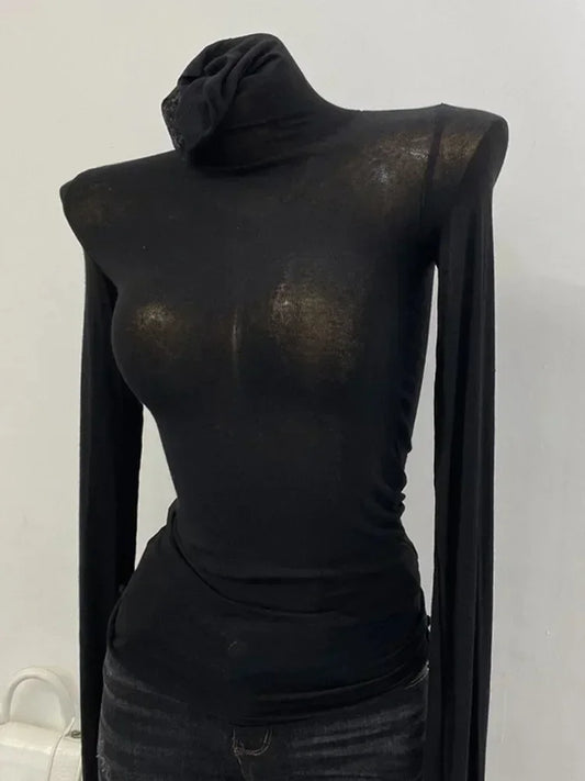 Slim High Quality Plain T Shirt Women Cotton Elastic Basic Female Tops Long Sleeve Sexy Thin T-shirt See Through