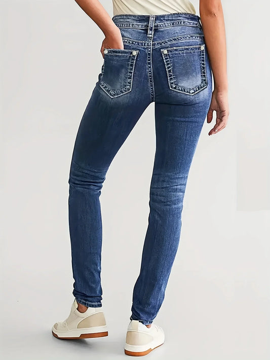 Women's dark blue slim fit elastic low waist classic style fashionable women's denim trousers