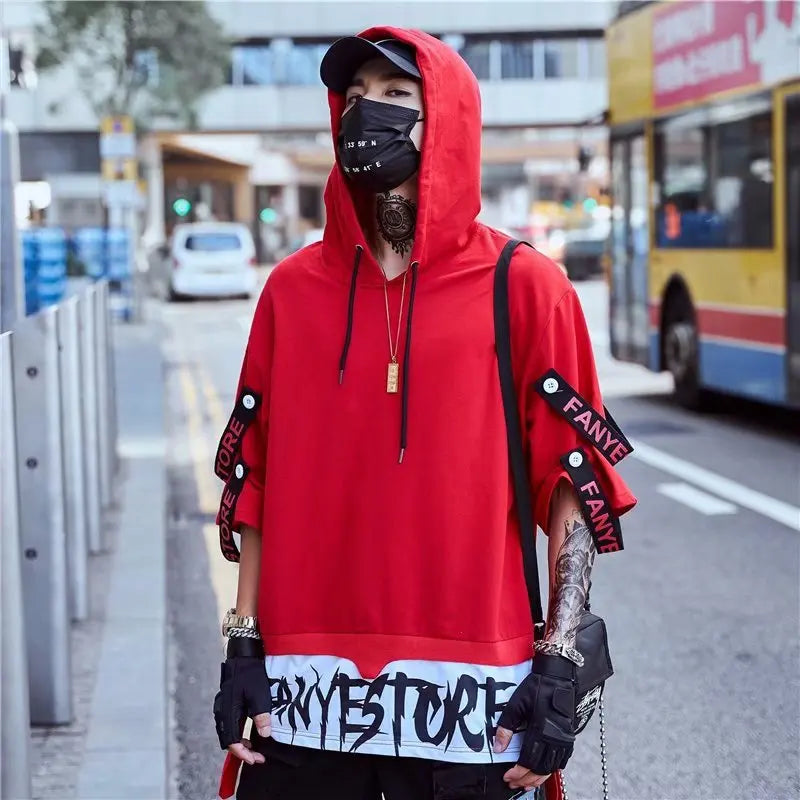 New Men's Hoodies Sweatshirt Autumn Casual Techwear Hip Hop Harajuku Hoodie Men Ribbons Patchwork Japanese Streetwear Darkwear