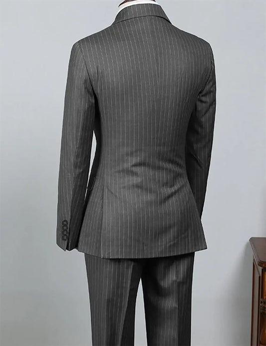 Gray Striped Men's Suit 2 Piece Set Man double-breasted Slim Fit Business Formal suit Casual Suit Jacket Pant Groom's suit dress