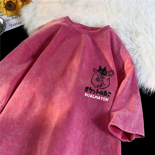 Women Cartoon T-Shirt Vintage Summer Harajuku Kawaii Cat Print Short Sleeve Tees Couple Streetwear Loose Clothes Cotton Tops