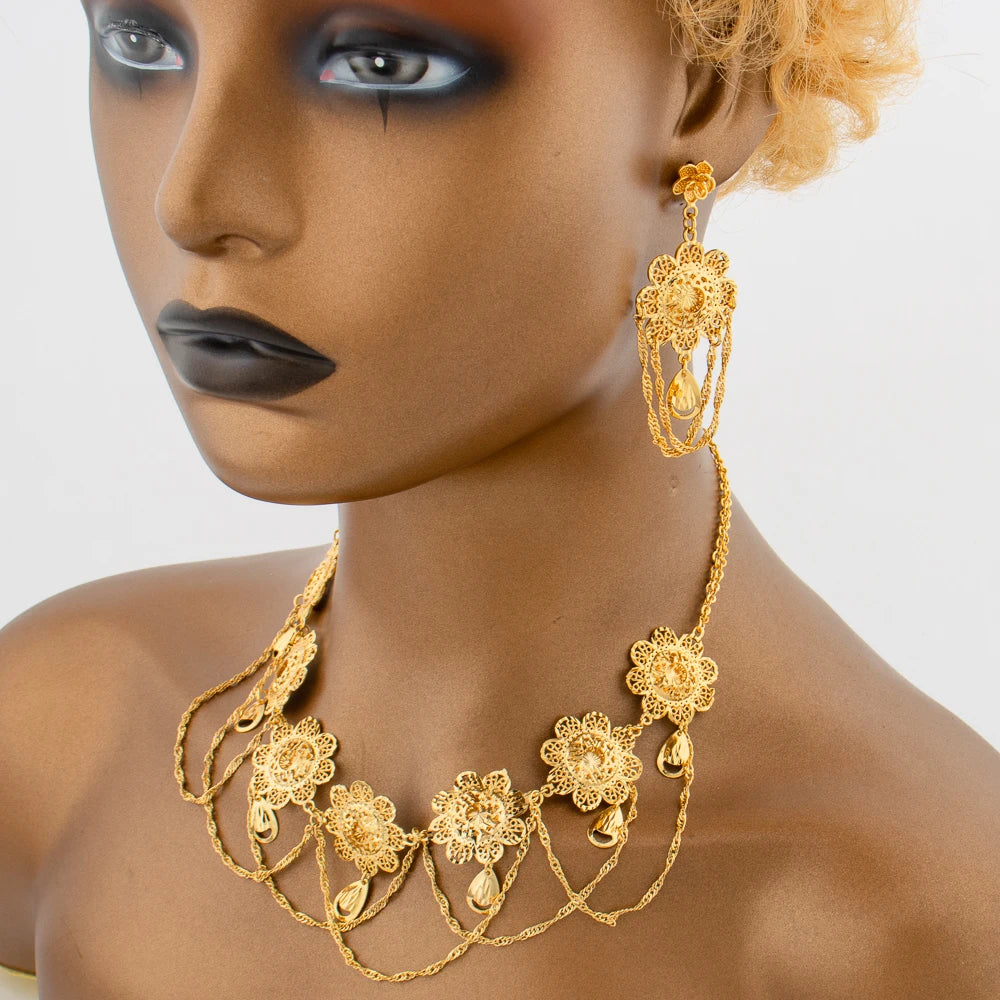 Conjunto de Joias Africanas Banhado a Ouro 18k para Mulheres Colar e Brincos com Design de Flor Conjunto de 2 Peças para Casamentos Festa Joias Presente de Dubai